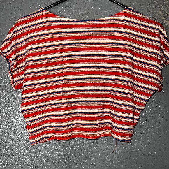 Volcom Girls M 8 Striped Crop Top Red Blue Short Sleeve Ribbed Stretch Tee - Picture 5 of 8